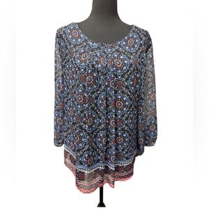 Croft & Barrow Floral Red & Blue Patterned Boho Style Tunic Top  Size L